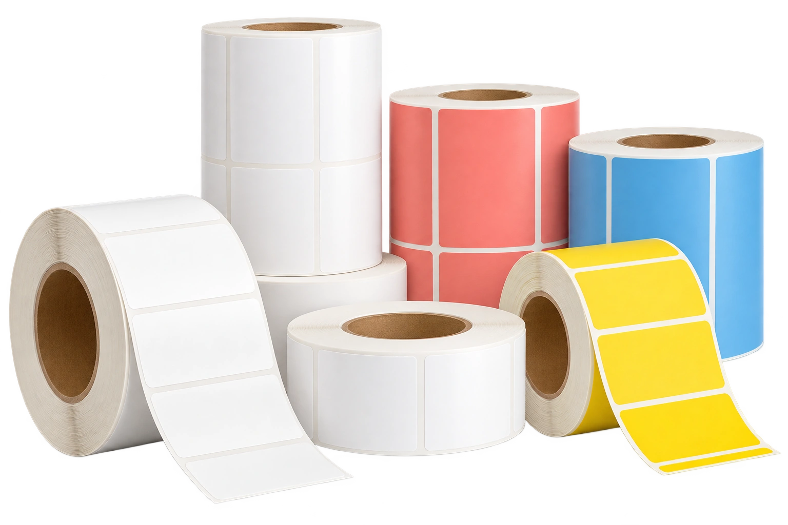 Rollos de etiquetas blancas y fondeadas con color uniforme, sin impresión