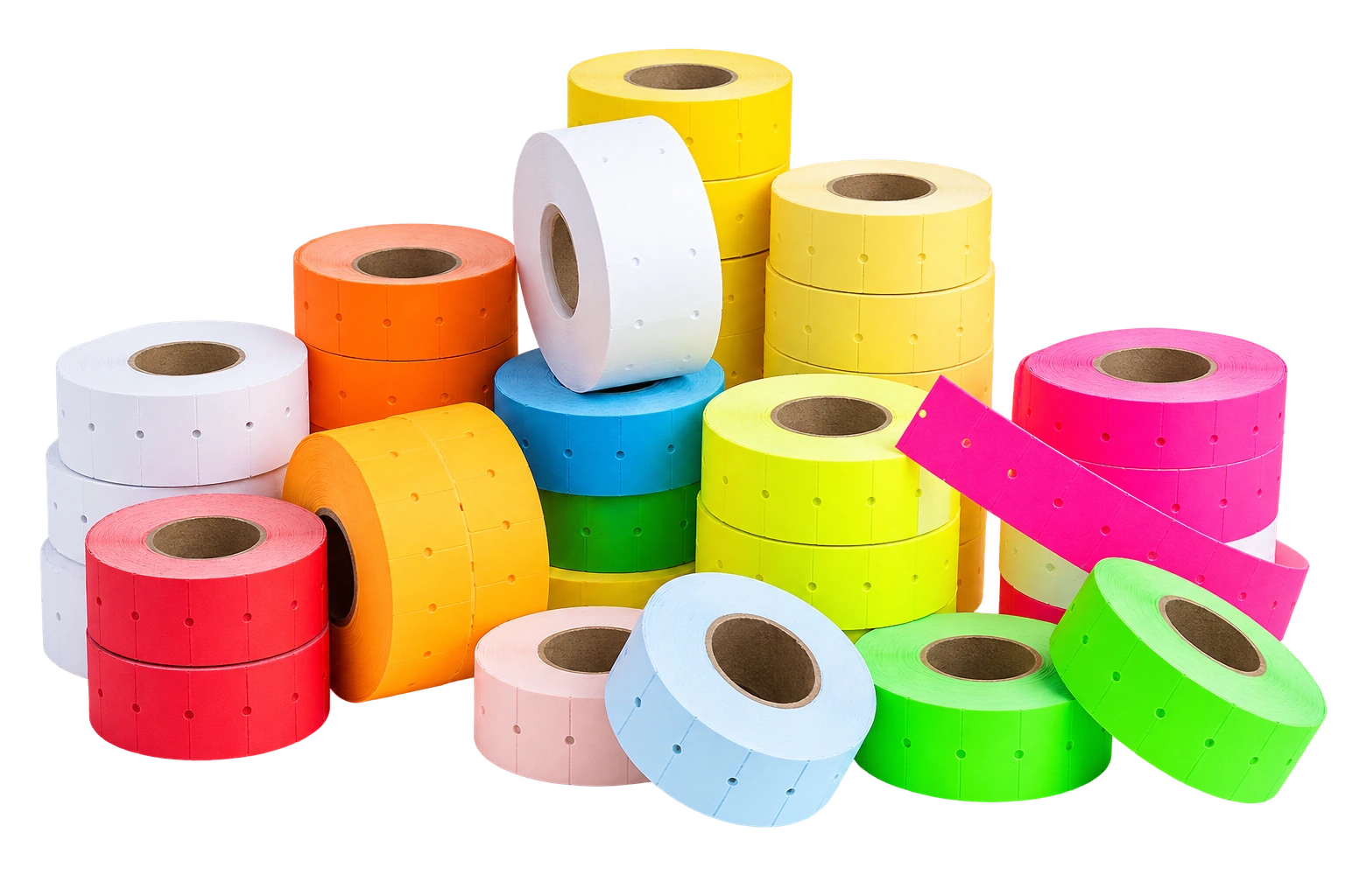 Rollos de etiquetas marca precio blancos, pastel y fluorescentes